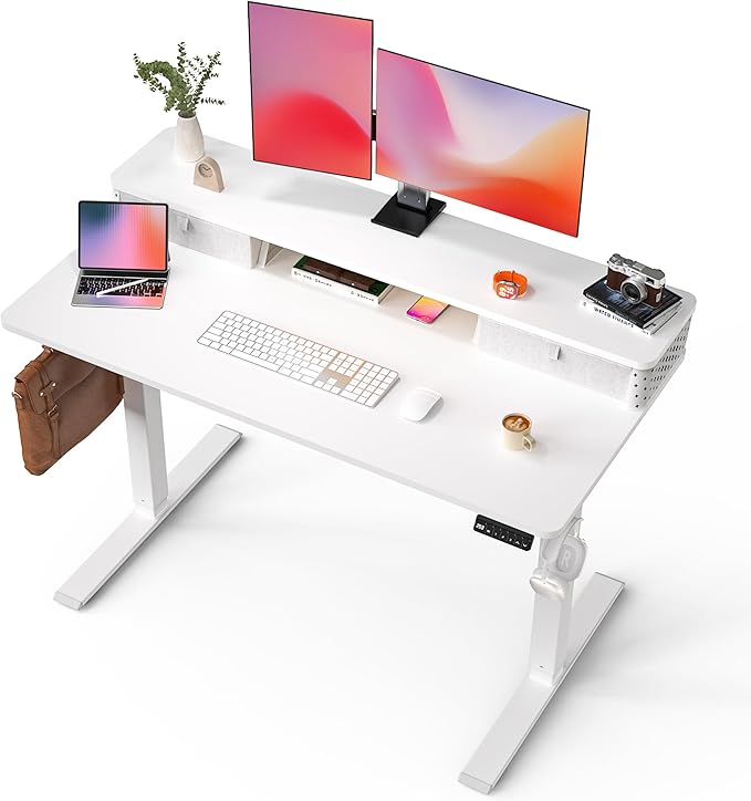 FiCiHi Standing Desk with Drawers, C-Clamp Mount Compatible, 55x24 Inch Electric Adjustable Height Computer Stand Up Desks, Home Office Sit Stand Table with 3 Preset Heights & 2 Hooks, White