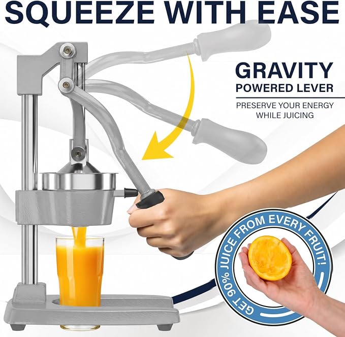 Eurolux Ultra-Premium Cast Iron Juicer | Extra-Large, Heavy Duty, Commercial Grade, Stainless Steel Manual Hand Press Citrus Squeezer For Fresh Orange Juice, Pomegranate, Lemon, and Much More (Gray)
