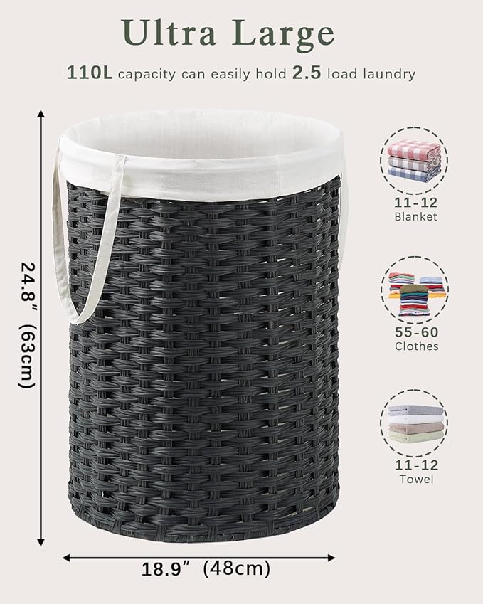 Laundry Basket Round Rattan Laundry Hamper 29.1 Gal(110 L) Handwoven Large Wicker Basket with Handles, Wicker Hamper with Removable Bags and 2 Mesh Bags for Bathroom Living Room Black(No Lid)