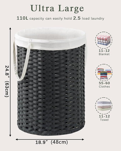 Laundry Basket Round Rattan Laundry Hamper 29.1 Gal(110 L) Handwoven Large Wicker Basket with Handles, Wicker Hamper with Removable Bags and 2 Mesh Bags for Bathroom Living Room Black(No Lid)