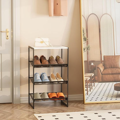 Garden 4 you 4 Tiers Narrow Shoe Rack,Small Space Freestanding Shoe Storage Organizer with White Wooden Tabletop,Adjustable Metal Shelf Stackable Shoe Shelf for Entryway Hallway Living Room Closet