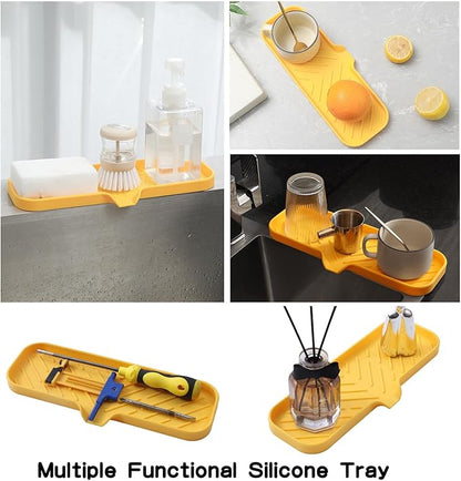 MicoYang Silicone Soap Dish with Drain Spout — Self-Draining Double Sink Organizer Tray for Kitchen & Bathroom, Dispensers, Sponges & Soap Holder, Non-Slip & Dishwasher Safe, Yellow (Large, 12"×4")