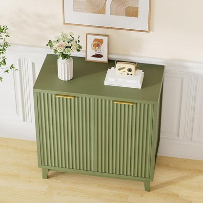 Fluted Cabinet with Storage, 2 Doors Sideboard Buffet, Mid Century Modern Accent Cabinet with Adjustable Shelves, Multifunctional Console Table with Storage for Living Room, Kitchen, Entryway, Green