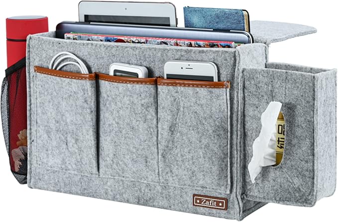 Zafit Bedside Caddy, Large Size Bedside Storage Organizer Bedside Organizer Caddy for Magazine Remotes Phone (13.4'' x 18.1'' Tissue box holder, Light Grey)
