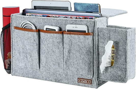 Zafit Bedside Caddy, Large Size Bedside Storage Organizer Bedside Organizer Caddy for Magazine Remotes Phone (13.4'' x 18.1'' Tissue box holder, Light Grey)