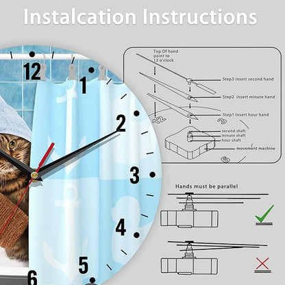 SPUNKER Wall Clock,Bathing Cat Kitchen Wall Clock,Cute Funny Clocks 10 Inch Silent Non-Ticking Wall Battery Operated for Living Room Bedroom Bathroom Laundry Room Decor