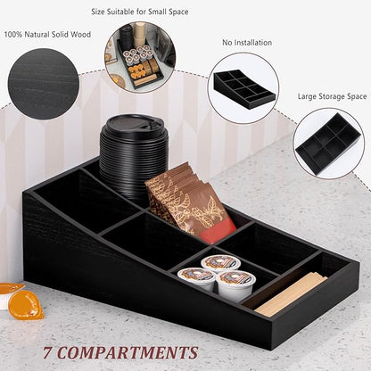 ANBOXIT Coffee Station Organizer for Countertop, Condiment Storage Caddy, Coffee Bar Supplies Organizer for Home, Office and Breakroom - Wooden, Black, 7 Compartment