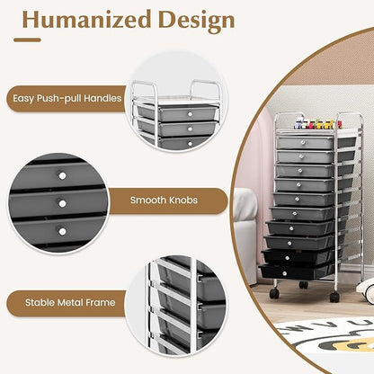 RELAX4LIFE Craft Organizers and Storage Cart - Rolling Cart with 10 Drawers, Lockable Casters for Tools, Trolley Cart with Wheels, Utility Cart for School, Home Office, Craft Cart (Gradient Black)