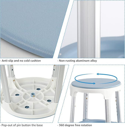Shower Chair Stool for Inside Shower, Small Corner Plastic Stool for Shower 300 Lb,360° Swivel Bath Shower Seat for Seniors Adults Sitting, Adjustable Bathtub Stool with Storage Tray (Blue)