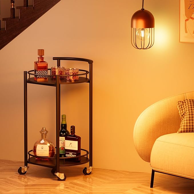 Bar Cart Black Rolling Cart for Home,2 Tiers Bar Serving Cart Round Wine Cart with Handle, Metal Wine Rack and Casters, Serving Bar Trolley for Home Kitchen,Living Room,Christmas,New Year