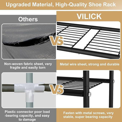 5 Tier Shoe Rack 33" Wide Metal Shoe Organizer Long Shoe Storage with 4 Side Hooks Sturdy Shoes Shelf for Closet, Front Door Entrance, Garage, Dorm, Black