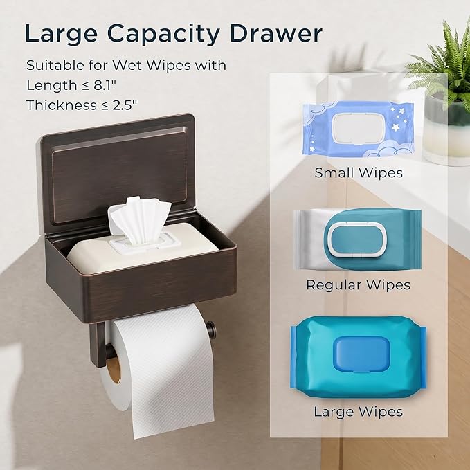 FORIOUS Toilet Paper Holder with Shelf, Sanitary Napkin Receptacle Tampon Holder, Wall Mount Toilet Paper Holder with Storage, Flushable Wipes Dispenser Fits for Bathroom Commercial(1, ORB)