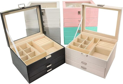 Clear Lid Jewelry Box,3 Layers Jewelry Organizer Large Multi-Functional Jewelry Storage Box with 2 Drawers,Jewelry Display Case of Rings Earrings Necklace Bracelets for Women Girls (Light gold)