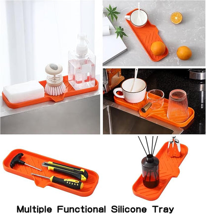 MicoYang Silicone Soap Dish with Drain Spout — Self-Draining Double Sink Organizer Tray for Kitchen & Bathroom, Dispensers, Sponges & Soap Holder, Non-Slip & Dishwasher Safe, Orange (Large, 12"×4")
