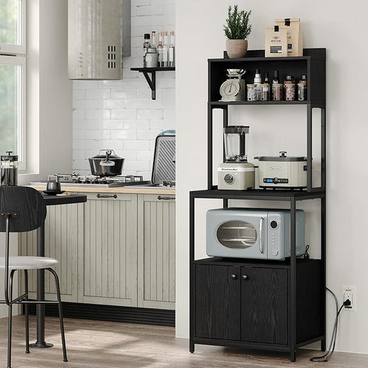 Furniouse 5-Tier Kitchen Bakers Rack with Power Outlet, Industrial Microwave Oven Stand with Storage, Kitchen Storage Shelf with Cabinet, Coffee cart, Standing Kitchen Storage Rack (Black)