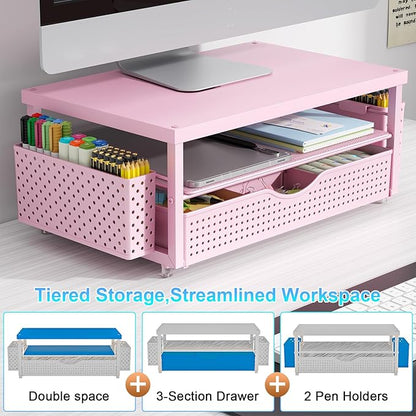 gianotter Wood Monitor Stand Riser, Desk Organizer with Drawer and 2 Pen Holders, 2-Tier Workspace Organizer for Office Supplies