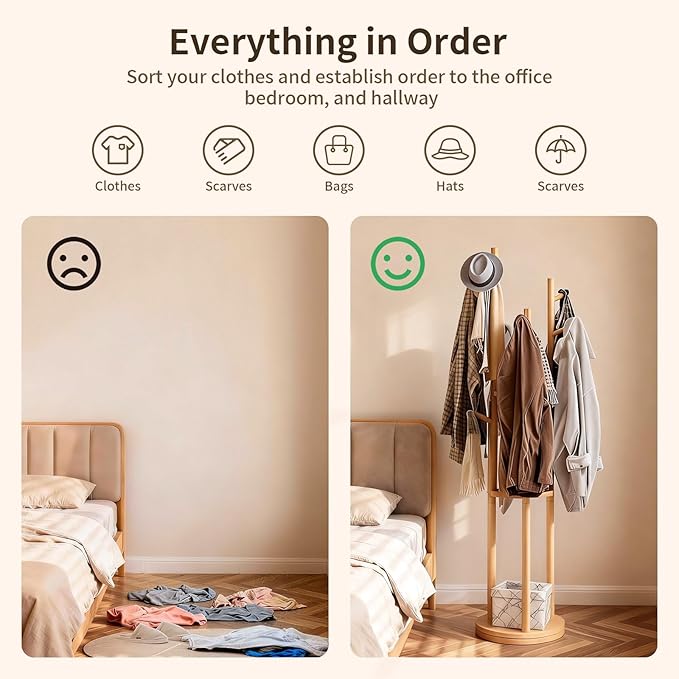 Solid Wood Rotary Coat Rack, Coat Rack Freestanding with 3 Storage Shelves & 9 hooks, Coat Tree for Entryway, Livingroom, Bedroom, Coat Hanger Stand for Coats, Scarves, Handbags, Hat (Natural)
