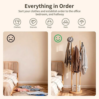 Solid Wood Rotary Coat Rack, Coat Rack Freestanding with 3 Storage Shelves & 9 hooks, Coat Tree for Entryway, Livingroom, Bedroom, Coat Hanger Stand for Coats, Scarves, Handbags, Hat (Natural)