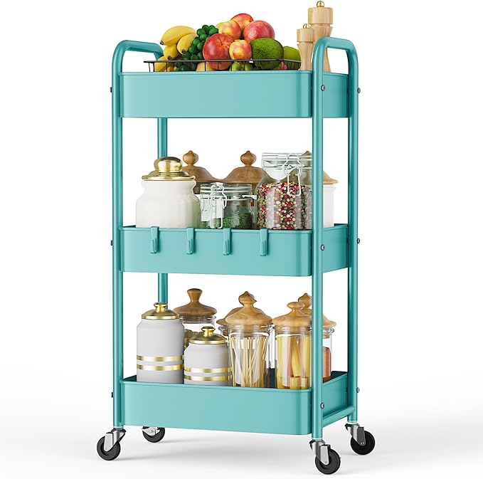 LEHOM 3 Tier Rolling Storage Cart, Metal Trolley Utility Cart with Wheels & Hooks, Easy Assembly Organizer Storage Cart for Bathroom Kitchen Office Bedroom