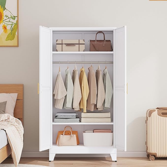 Metal Wardrobe Cabinet with Hanging Rod, 71" Metal Clothing Storage Cabinets with 2 Doors and Adjustable Shelves, White Armoire Wardrobe Closet for Bedroom, Laundry Room, Cloak Room