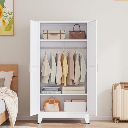Metal Wardrobe Cabinet with Hanging Rod, 71" Metal Clothing Storage Cabinets with 2 Doors and Adjustable Shelves, White Armoire Wardrobe Closet for Bedroom, Laundry Room, Cloak Room