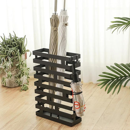 Tudomro Umbrella Stands for Entryway Large Metal Umbrella Holder 3.94 x 11.81 x 16.93 Inches with Removable Water Tray and Hooks Decor Freestanding Rectangular Hollow Rack for Home Office (Black)
