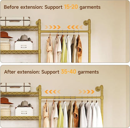 ONBRILL H4 Wall Mounted Closet System, Expandable Industrial Pipe Clothes Rack Clothing Rack for Hanging Clothes, Heavy Duty Closet Organizers and Storage in Wardrobe Closet - Gold