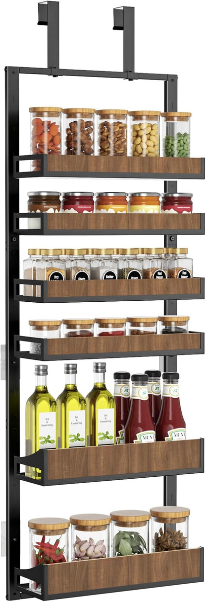 Aquzee Heavy Duty Pantry Door Organizer, 6-Tier Over the Door Pantry Organizer, 2 IN 1 Hanging Wall Mount Spice Rack, Adjustable Baskets, Spice Organization for Cabinet Kitchen Closet