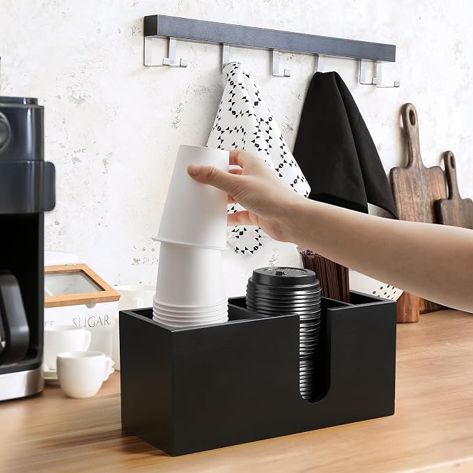 ALELION Large Black Coffee Cup Organizer for Disposable Cups, Lids and Stir Sticks - 3-Compartment Countertop Cup Holder Storage Rack for Coffee Station, Kitchen, Office