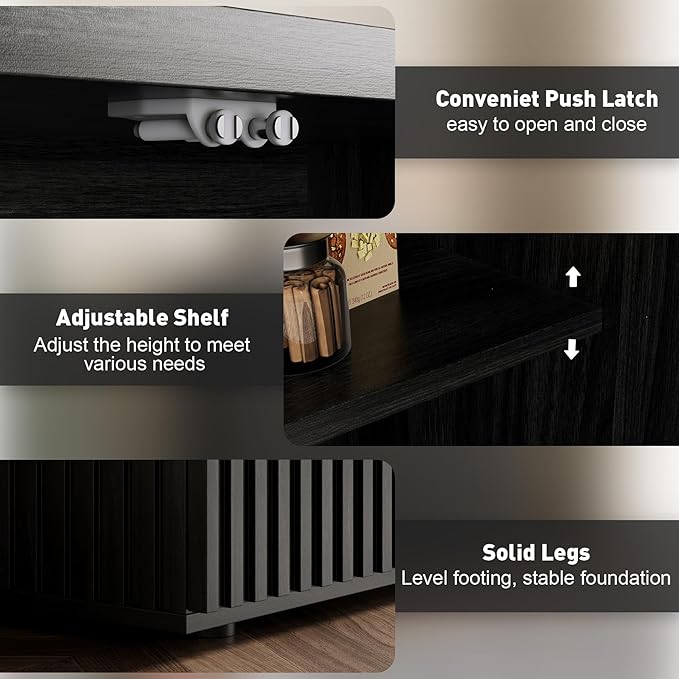 Rophefx Fluted Sideboard Cabinet, 126" Buffet Cabinet with Storage, Credenza Storage Cabinets with Adjustable Shelf, Wood Entryway Cabinets with Pop-up Doors for Living Room, Entryway, Black Grey