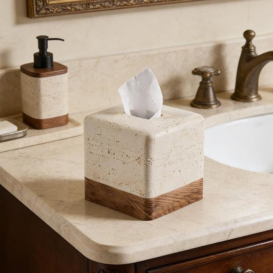 Natural Travertine Match Wooden Square Tissue Box Cover Decorative,Resin Heavy Sturdy Tissue Box Holder, Facial Paper Holder for Bathroom Vanity Countertop, Bedroom Night Stand,Office and End Table