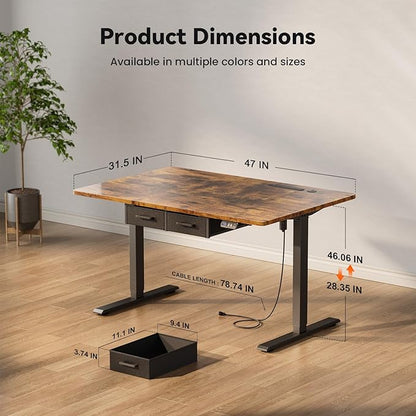 HLDIRECT Electric Standing Desk, 47 x 31.5 Inches Height Adjustable Table with Outlets, Sit Stand Computer Desk with Drawers for Home Office, Ergonomic Rising Workstation, Rustic Brown