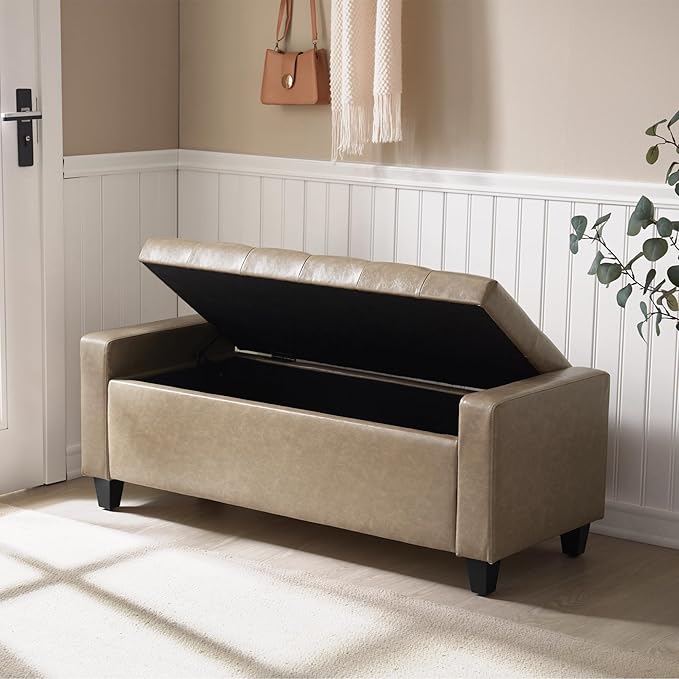 Ottoman with Storage，Storage Ottoman Bench, Storage Bench for Bedroom with Safety Hinge，Bedroom Benches with Seating for Living Room, Entryway (Khaki-PU)