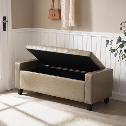 Ottoman with Storage，Storage Ottoman Bench, Storage Bench for Bedroom with Safety Hinge，Bedroom Benches with Seating for Living Room, Entryway (Khaki-PU)
