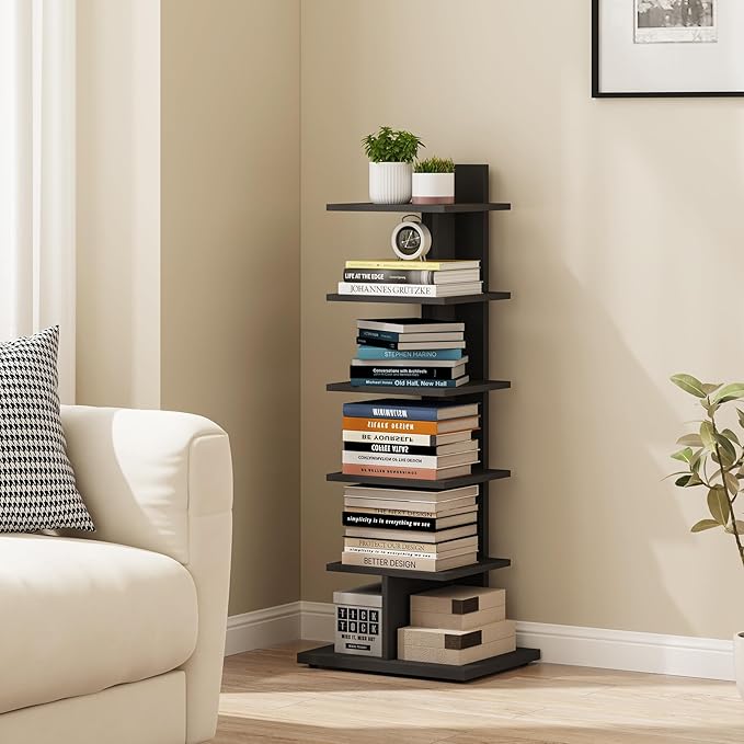 TUTOTAK Narrow Bookshelf, 6-Tier Bookcase, Spine Book Shelf for Small Space, Corner Standing Shelf for Living Room, Office, Study, Entryway, Black BS06BK016