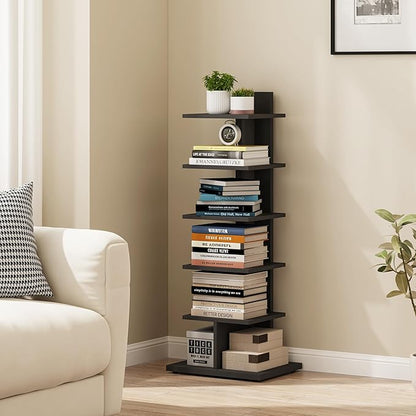TUTOTAK Narrow Bookshelf, 6-Tier Bookcase, Spine Book Shelf for Small Space, Corner Standing Shelf for Living Room, Office, Study, Entryway, Black BS06BK016