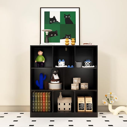 Black Bookshelf, Wooden Bookshelf with Base, Cube Storage Organizer, Bookcase for Living Room,Bedroom,Study and Office (Black, 8-Cube)