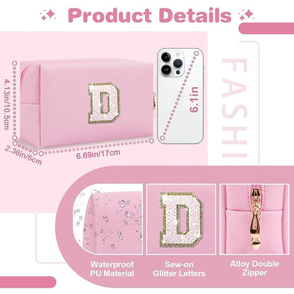 Small Personalized Initial A-Z Patch Makeup Bag,Pink Cute PU Leather Glitter Letter Cosmetic Bag for Teen Girls,Travel Toiletry Bag with Zipper,Preppy Monogrammed Birthday Gift for Daughter Niece D