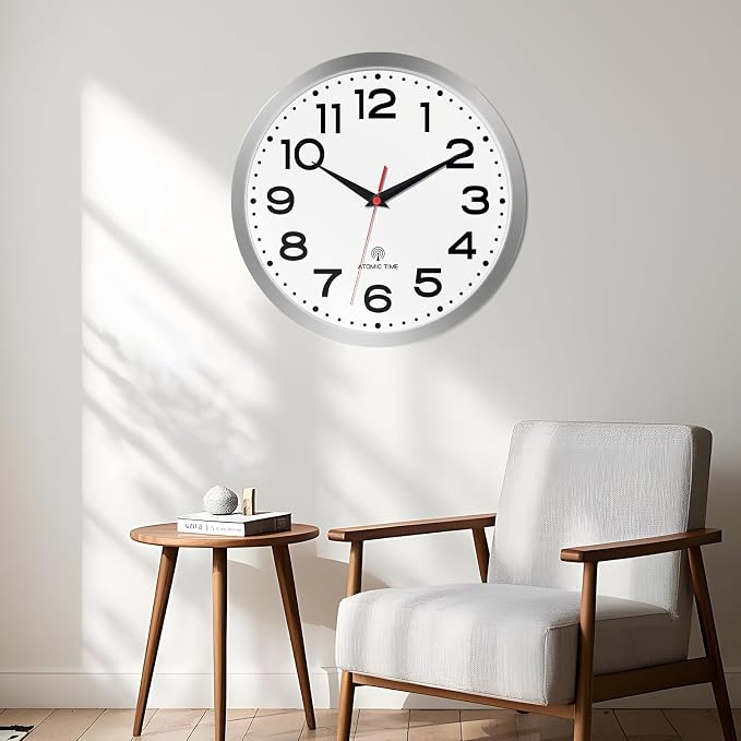 Roymnie Atomic Wall Clock 10 Inch, Modern Clock Battery Operated Classic Analog Decorative for Kitchen, Living Room, Office, Bedroom, Bathroom (Silver)