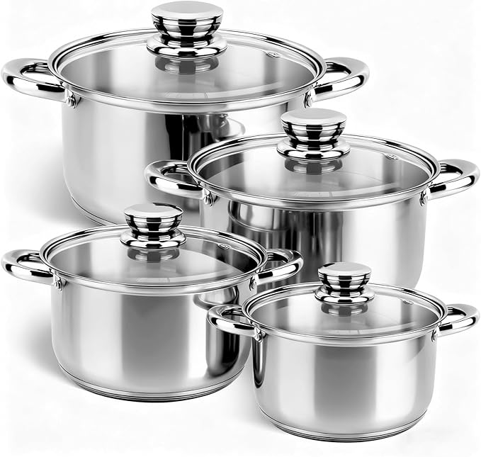 Stainless Steel Cookware Set - 8 Pieces Pots and Pans Nonstick Pot and Pan Set Includes 4 Pots and 4 Visible Lids, with Stay Cooling Handle, Induction & Oven Safe