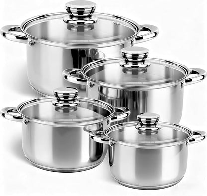 Stainless Steel Cookware Set - 8 Pieces Pots and Pans Nonstick Pot and Pan Set Includes 4 Pots and 4 Visible Lids, with Stay Cooling Handle, Induction & Oven Safe