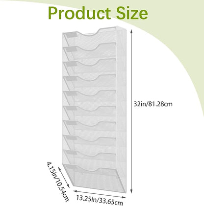 EasyPAG 10 Pocket Mesh Wall File Organizer, Hanging Paper Folder Holder with Classify Label, Vertical Wall Mount Mail Organizer for Office Home Classroom, White