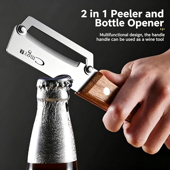 2-in-1 Vegetable Peeler with Built-in Bottle Opener, Sharp Stainless Steel Potato & Fruit Peeler, Ergonomic Wooden Handle Kitchen Gadget for Home, BBQ, Camping