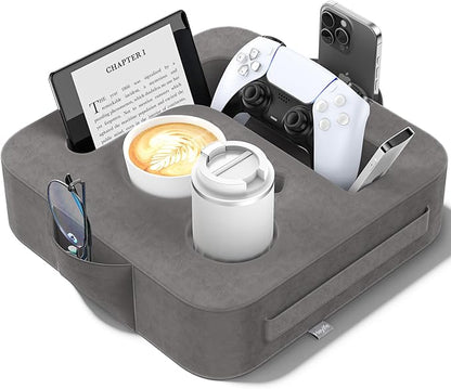 Couch Cup Holder Pillow, Sofa and Bed Caddy for iPad, Kindle, Switch, Game Controller, Remotes, Phones, Small-Sized Cup & Drink Holder for Couch, Bed, Desk, Car, Beach, Bathroom Cup Holder, Deep Gray