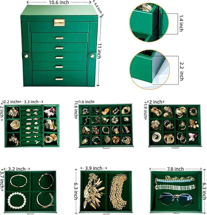 BOOVO Jewelry Box For women, 6 Layer Large Jewelry Organizer With Mirror, Multi-Function Storage Box With Lock, Necklace Holder With 5 Drawers, For Earrings Necklace Bracelet (Green and Gold)