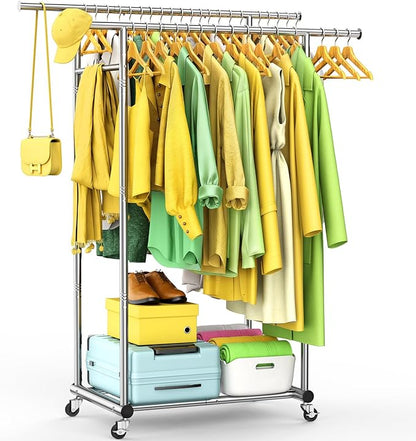 Double Rods Clothing Rack for Hanging Clothes, 100% Stainless Steel Clothes Rack, Portable Sturdy Clothes Rack with Wheels, Easy Installation Rolling Coat Rack, Freestanding for Home Conmercial Store