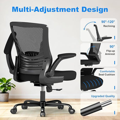 Office Chair Ergonomic Desk Chair with Comfy Mesh, Adjustable Height and Computer Use, for Home Office, Featuring Silent Wheel and Flip-Up Armrests, Comfortable for Long Hours
