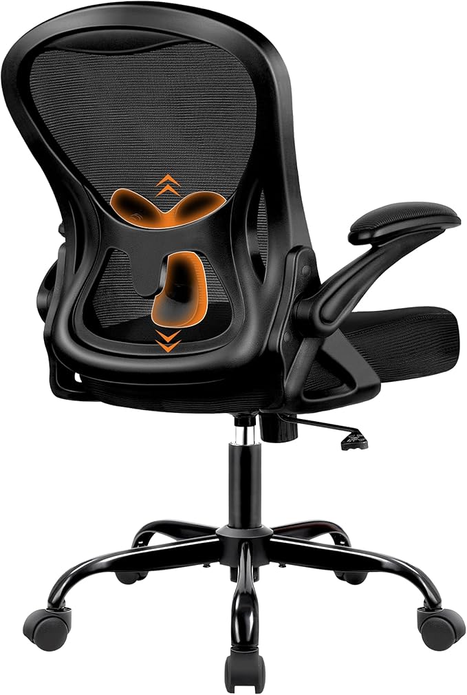 Office Chair, Ergonomic Mesh Desk Chair with Adjustable Lumbar Support & Flip-Up Armrest, Mid Back Computer Chair, Swivel Task Rolling Chair for Home and Office (Black)