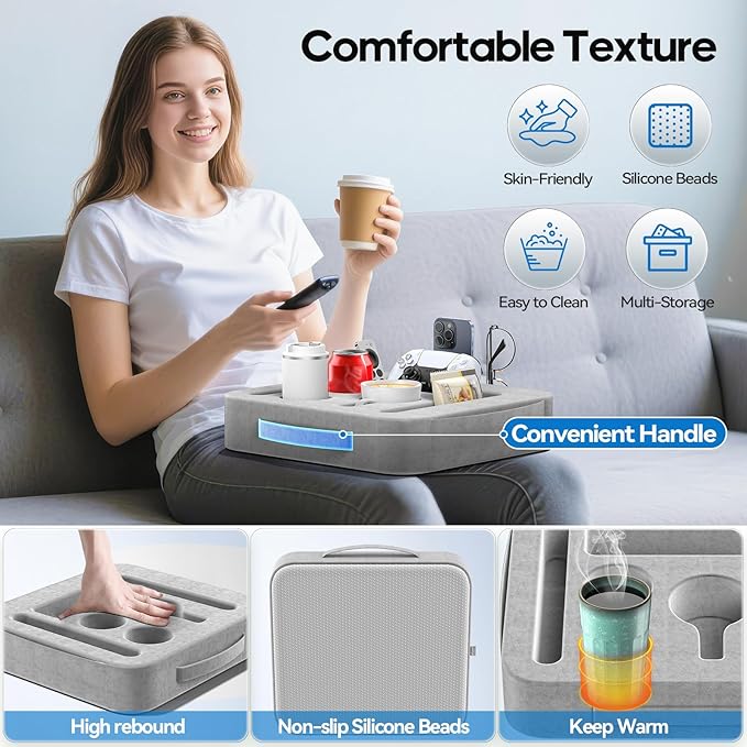 Couch Cup Holder Tray, Couch Caddy for Drink, Snack, Phone, Remote, Ipad, Game Controller, Large-size Sofa Cup Holder for Bed, Sofa, Car, Desk, Gray