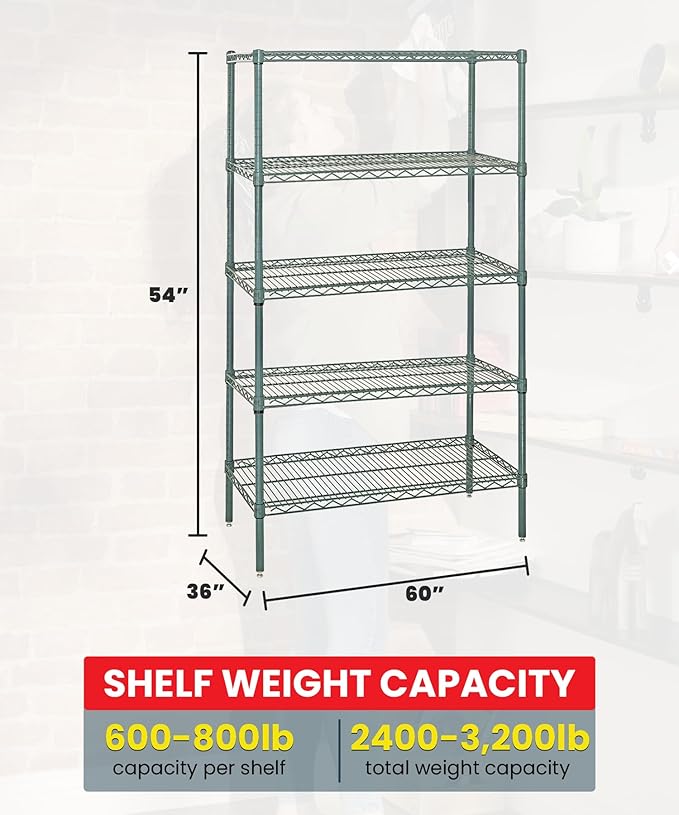 Quantum Storage Systems WR54-3660P-5 Wire Shelving Starter Kit, 60" W x 36" D x 54" H, 600 lbs Capacity, Carbon Steel, Epoxy Coated, Green, NSF
